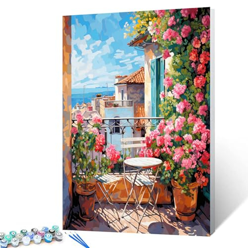 Tucocoo Aquarell-Malen-nach-Zahlen für Erwachsene, Anfänger, auf Leinwand, Balkon, Landschaft, einfaches Acryl, Vintage, Malen nach Zahlen für Kinder, Dekoration, 40,6 x 50,8 cm