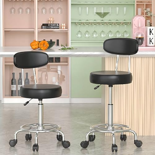 2 barhocker höhenverstellbar, Rollhocker für Studios Küchen, 35x35x48-63cm | 360° Schwarz drehstuhl mit rollen, 3-stufiger pneumatischer Hubarm von 48 bis 63 cm, 10 cm dickes weiches Polster