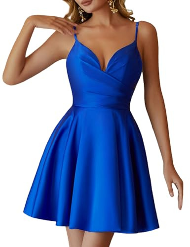 Lecureler Satin Spaghetti Strap Short Prom Dress