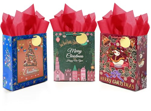 Gcardist Weihnachten Geschenktüten mit Seidenpapier Große Papiertüten mit Henkel für Weihnachtsfeier-Zubehör Rot Grün Blau 3PCS (Große 33cm*26cm*14cm)