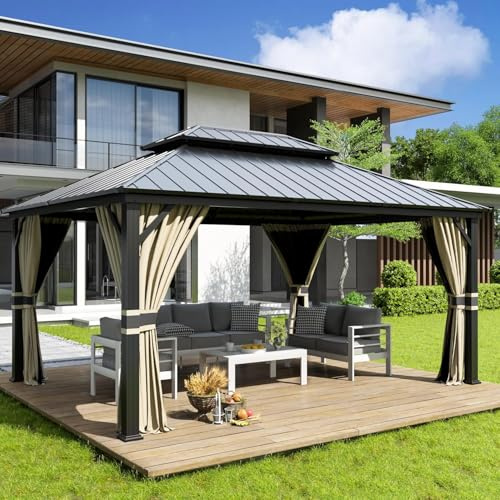 Amopatio 3.65 x 4.85 m Gartenpavillon Wasserdicht Stabil Winterfest Hardtop Pavillon, Verzinkter Stahl Doppeldach Aluminium Pavillon mit Moskitonetz und Vorhänge für Garten, Terrasse, Rasen, Beige