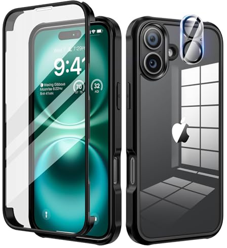 seacosmo für iPhone 16 Plus Hülle mit eingebautem Panzerglas Displayschutz und Kamera Schutzfolie [9H HD], 360 Grad Handyhülle Ganzkörper Stoßfeste iPhone 16 Plus Case - Schwarz
