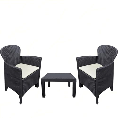 Sicignano | Set Salottino 2 Poltrone con Cuscino + Tavolino Akita Antracite Rattan in Polipropilene, Impermeabile, per Interno Esterno Giardino Terrazzo Piscina