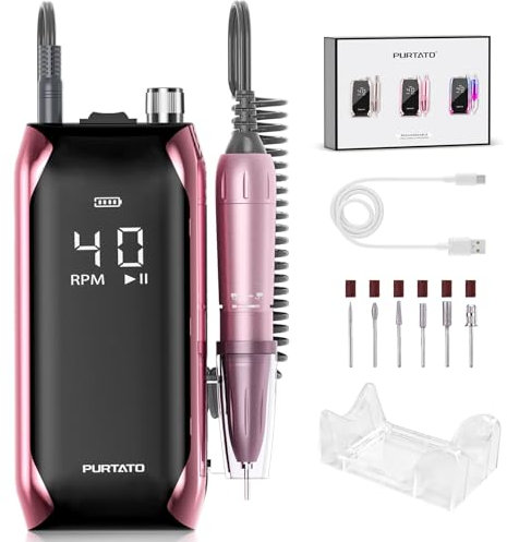 PURTATO Taladro de uñas profesional de 40.000 RPM, recargable, con pantalla LCD, máquina de archivo E para uñas acrílicas, pulido de gel, eliminación de uñas portátiles, herramientas de archivo para