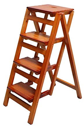 Solid Wood Folding Step Stool with 4 Steps for Kitchen Office Library Multifunctional Wooden Ladder Chair Black Wood Color Shelf Ladder