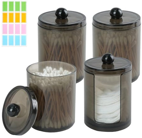 DIBALIYI 4PCS Plastic Cotton Bud Holder, Black Cotton Ball Holder with Lids, Round Cotton Pad Container with Sticker, Qtip Holder Dispenser for Bathroom Canisters Vanity Makeup