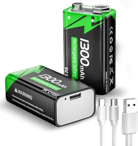 Batería recargable de 9 V, 1300 mAh de iones de litio con cable de carga rápida USB-C, ideal para detectores de humo, alarmas, micrófono, multímetro, etc., 2 unidades