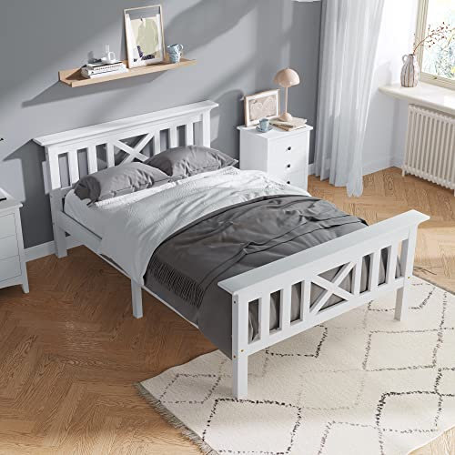Holzbett aus Bettgestell mit Lattenrost Holzbett mit Kopfteil Massivholz Kinderbett Jugendbett Kiefer massiv weiß (90x200 cm)