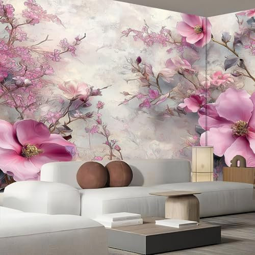 Fototapete Tapete Aquarell Rosa Blume, 450X315Cm (B×H) Foto Tapete Schlafzimmer Wohnzimmer Seidenstoff Wandtapete, Vintage Motivtapeten Bildtapete 3D Effekt Wand Dekoration
