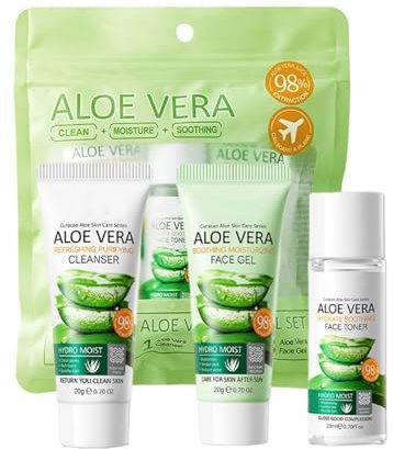 Set da viaggio per la cura della pelle all'aloe vera, mini accessori essenziali da viaggio, set da 3 pezzi per la routine del viso da donna, kit per la cura della pelle con detergente all'aloe vera,