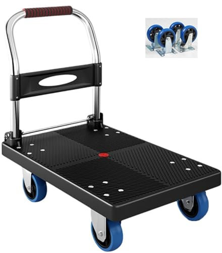 72x48cm Chariot De Manutention Pliable Avec Roues Bleues De 4 Pouces, Capacité De Charge De 260KG, Transpalette Pliable for Transport Lourd(BLACK)
