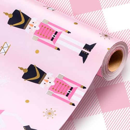 Wikadlik Weihnachts Geschenkpapier Minirolle mit lustigem Nussknacker und rosa weißem Karomuster für Weihnachten, Feiertage und festliche Anlässe – 43cm x 10m