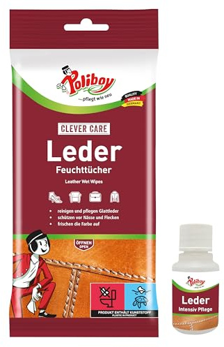 POLIBOY Leder Feuchttücher - Zur Pflege und Reinigung von Glattleder - Farbauffrischung und Schutz mit Carnaubawachs - 1x 20 Tücher - inkl. Produktprobe - Made in Germany