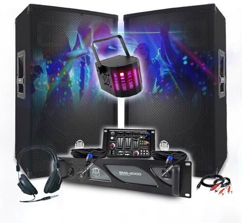 Set Sono DJ 3400 W Verstärker 2000 W, Paar Lautsprecher 2 x 700 W, Mischpult, DJ-Kopfhörer, Kabel und Mikrofon, LED-Beleuchtung