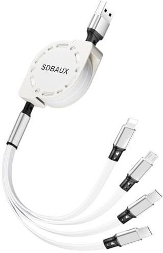 SDBAUX Multi Kabel 4-i-1, 3A/1M Infällbar USB Snabbladdare, med 2*Typ C/Phone/Micro USB Kontakter, för iOS Telefon, Android Galaxy S25 S23 S20 S10 LG, Sony, Moto, Hoor View, Xiaomi, Oneplus, PS5