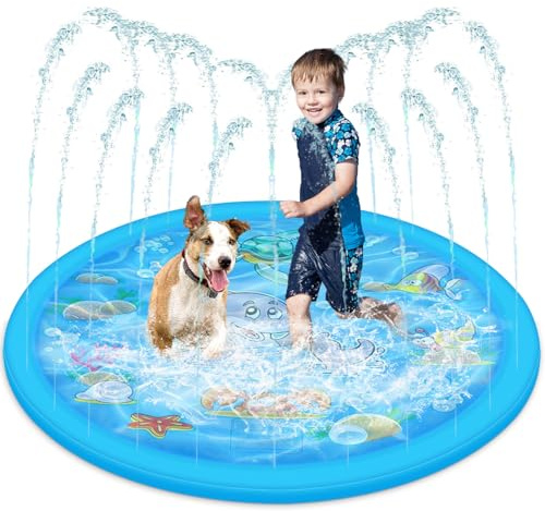 Splash Pad for Kids, Round Sprinkler and Splash Water Play Mat, Dog Paddling Pool, Foldable Summer Garden Outdoor Sprinkler Play Mat Fun Backyard Fountain for Kids Pet Pool Water Toy (Blue 100cm)