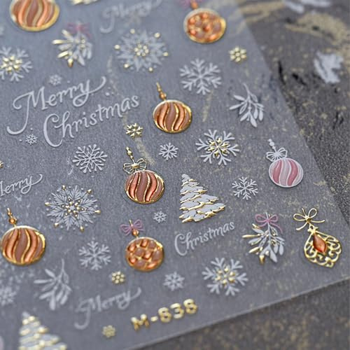 JMEOWIO 3D Nagelsticker Weihnachten Schneeflocke Gold Weiß Nail Art Sticker Selbstklebend Nagelaufkleber 5D Stereoskopisch Dekoration Nageldesign Zubehör 1 Blatt