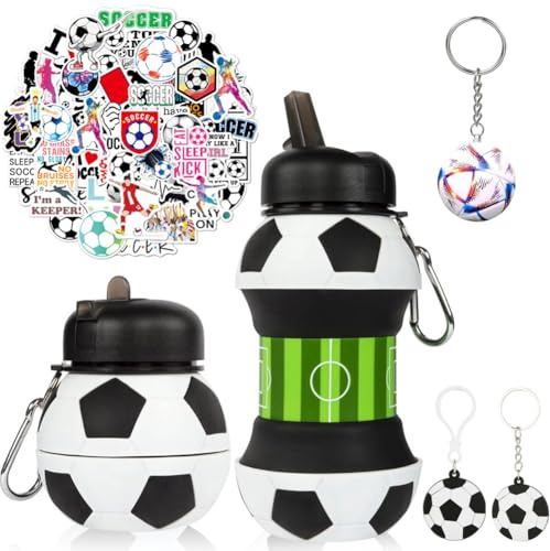 OPVXZAD Gourde de football 550 ml, bouteille d'eau en silicone & porte-clés de la Coupe du Monde de football & set d'autocollants sport pour garçons, adultes, amateurs de sport