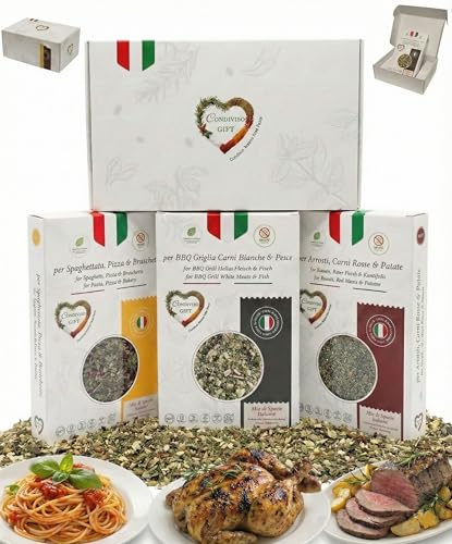 Condiviso GIFT - Spezie Cucina Assortite Gourmet 100% Italiane Naturali | Set Regalo Donna & Uomo Originale Confezione, Collezione 3 Selezioni per Carne, Pesce, Pizza & Verdure