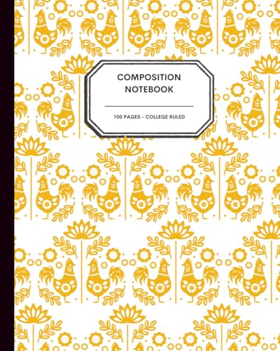 Scandinavian Folk Art Chicken Notebook – 8x10” – 100 College Ruled Pages – Traditional Nordic Yellow Chicken Pattern on White for Writing, Journaling & School