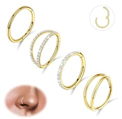 Beautidots 4 PCS Nose Rings Hoops Stainless Steel Earrings Tragus Septum Piercing CZ Clicker Ring Hinged Segment Lip Double Hoops, 16G | 8MM, Gold