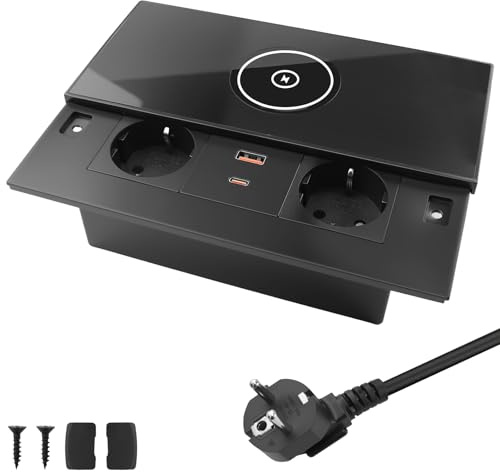 BlueXP Versenkbare Steckdose mit Wireless Charger Schnellladefunktion Slider Tischsteckdose aus Edelstahl 2 Steckdosen USB-A USB-C Einbausteckdose für Büro Konferenztisch & Küche Schwarz