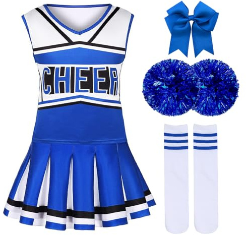 HUKUMA Deguisement Pompom Enfant, Costume Cheerleader Fille Tenue Pompom Girl, Uniforme de Cheerleader avec Pompoms Noeud et Chaussettes Cadeau Costume Carnaval Halloween Cosplay la Fête