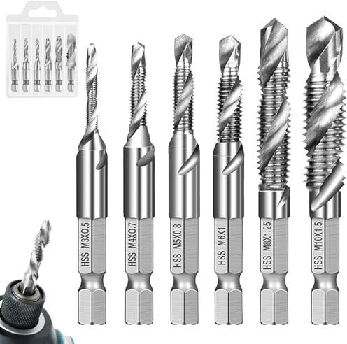 6 Stück Kombi-Bit Bohrer und Gewindeschneider Set, M3 M4 M5 M6 M8 M10 Gewindebohrer mit Sechskantschaft, mit Rostschutzbeschichtung Kombigewindebohrer, für Metall, Kunststoff, Holz