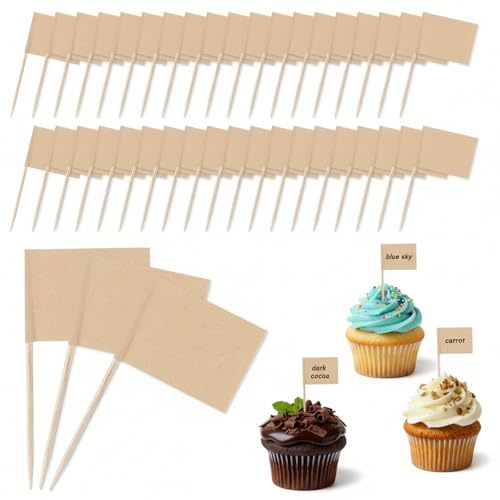 guduling 200 Stück Cupcake Fähnchen, Leere Zahnstocher Flaggen, Kraftpapier Fähnchen zum Beschriften, Cocktail Zahnstocher, Zahnstoche Papierfähnchen Flaggen Deko zur Partys, Bars, Buffets