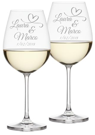 Lasertricks Calici da vino - Personalizzati con Nomi – Idea Regalo San Valentino, Anniversario o Matrimonio – Bicchieri da Vino – Personalizzabili (Cuore 1, Coppia calici)