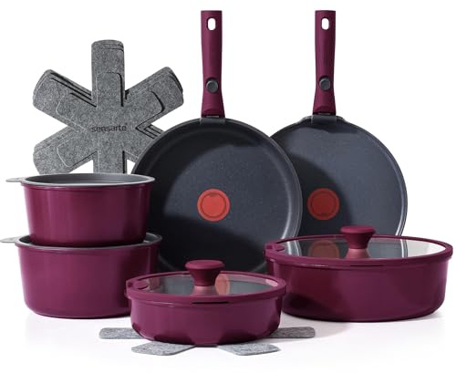 SENSARTE Set di Pentole Antiaderenti 17 Pezzi per Tutti i Piani Cottura Incluso Induzione, con Indicatore di Calore, Manici Amovibili, Compatibile Lavastoviglie e Forno