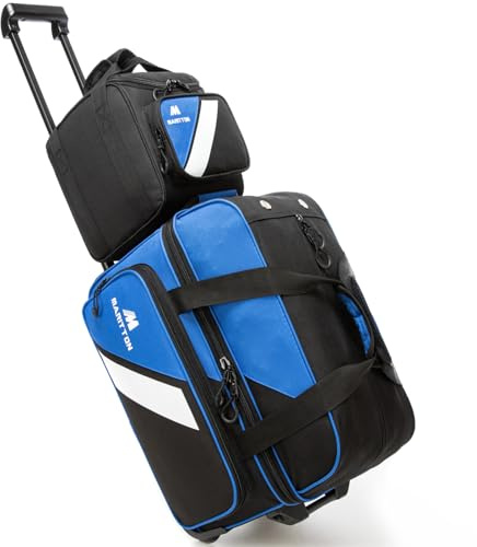 MARITTON 3 Ball-Bowlingtaschen mit Rollen, 2 Ball-Bowlingtaschen, Doppelrolle mit einzelner Balltasche, mehrere Taschen und Schuhfach (passend für Größe 48) (Blau)