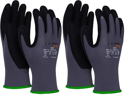 DONAU SAFETY Flex Handschuhe Arbeitshandschuhe/Größe 11/XXL, 1 Paar/Grau-Schwarz/Mechaniker Montagehandschuhe/Nitril beschichtet Leicht Ölbestandig, Nylon Schutzshandschuhe für Arbeit Auto