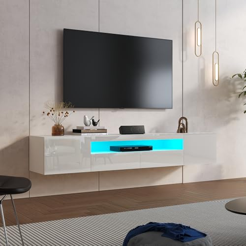 KEEPREAPER TV-Schrank Lowboard 180cm Hochglanz mit LED-Beleuchtung Weiß | Fernsehtisch hängend, hängender TV-Schrank, Fernsehschrank für Fernseher bis zu 85 Zoll, für Wohnzimmer