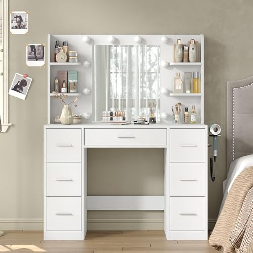 FUSOU Dressing Table with Mirror and Lights, Vanity Desk with Power Outlets, 7 Drawers and 6 Open Shelves, 3 Lighting Modes, Adjustable Brightness, White