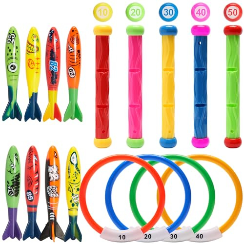 PARENTSWELL 17 Pcs Pool Diving Toys for Kids Adults, Swimming Pool Toy Set Includes 8 Dive Torpedos, 5 Diving Sticks & 4 Diving Rings for Swim Pool Games, Water Fun Games
