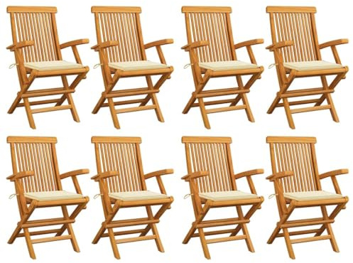 Mokuyary Trädgårdsstolar med krämfärgade kuddar, set om 8, massivt trä, teak, balkongstol, terrassstolar, matstolar för terrass, trädgård, balkong – A