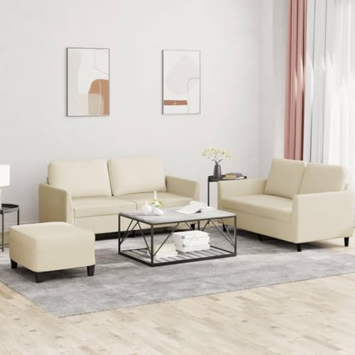 Yisssmeng 3-teilige Sofagarnitur Creme Kunstleder 140 x 77 x 80 cm Modernes Design Robustes Metallgestell Bequemes Zweisitzer-Set mit Ottomane für Wohnzimmer Flur