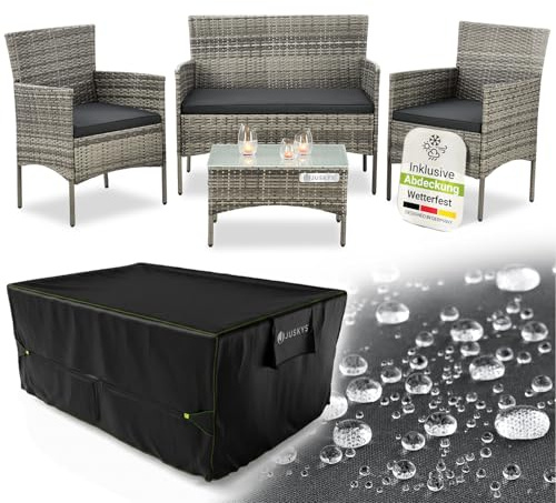 Juskys® Polyrattan Sitzgruppe Fort Myers inkl. Abdeckung 4 Personen mit 2er Sofa, 2 Stühle, Tisch & Sitzkissen wetterfest grau-meliert Balkonmöbel Gartenmöbel Set