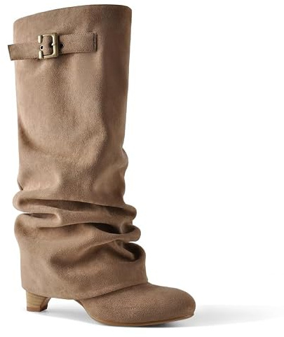 blingqueen Slouchy Wedge Suede Boots Fold Over Knee High Pull On High Heels