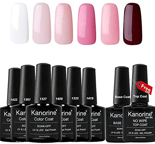 KANORINE 8pcs Nail Gel polish Set (6 colors + base & top coat) Soak off UV/LED Gel Nail Polish burgundy red white pink color Long Lasting Gel Varnish Manicure Set 10ml x8pcs