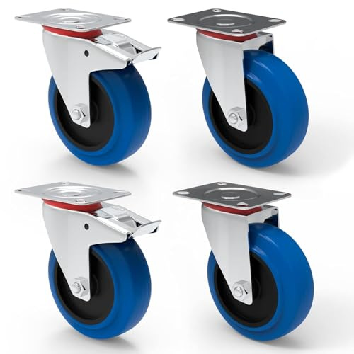PRIOstahl Transportrollen 100mm Lenkrollen mit Bremse Set 4 x Industrierollen Blau Blue Wheels Schwerlastrollen Möbelrollen Vollgummi Spurlos abrollend