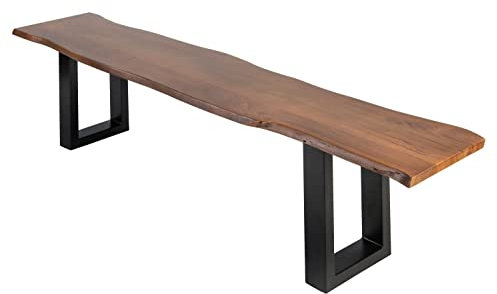 SAM Sitzbank 180x42 cm Quintus, Akazien-Holz nussbaumfarben, schwarz lackierte Metallbeine, Bank mit echter Baumkante, Massive Holzbank