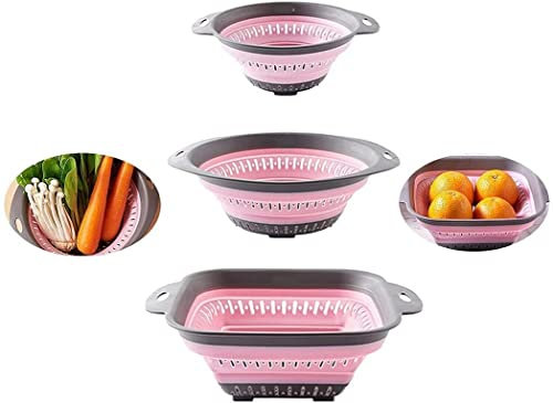 DLD Abtropfsieb, zusammenklappbar, Sieb über der Spüle, Gemüse/Obstsieb und Sieb mit ausziehbaren Griffen, faltbares Sieb für Küche, 3 Stück (Pink)