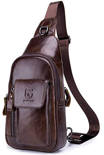 BULLCAPTAIN Bolsa bandolera de piel para hombre, estilo informal, para viajes, senderismo, Café, Medium