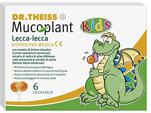 Dr. Theiss Mucoplant - 6 Lecca Lecca Bambini 60 g - Chupa Chupa per Sollievo dal Mal di Gola e Protegge la Mucosa Orale, con Con Altea, Vitamina C e Salvia