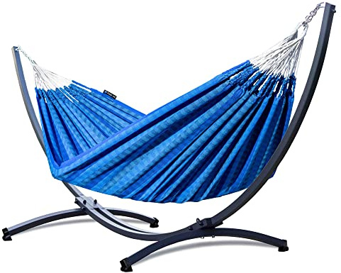 Potenza Outdoor Hängematte mit Gestell für 2 Personen I Morena - 100% Baumwolle Doppelhängematte 230x160 cm, 220kg I Hängemattengestell 220kg, wetterfest (Blau, Basic Gestell Graphit)