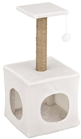 Baroni Home Arbre à Chat en Bois avec Cordes Sisal, Griffoir pour Chat avec Niche en Bas, Griffoir pour Petits Chats, 30x30x64 cm, Crème