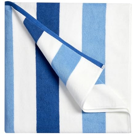 Bornbay Cotton Oversized Beach Towel - Extra Large 40X70 Plush Thick Pool Towel, XL Fluffy Blue Beach Towels Stripe Swimming Towel for Adults Mens Women (White Navy Blue)