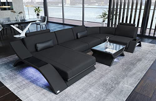 Sofa Wohnlandschaft Calabria - mit LED Beleuchtung, verstellbare Kopfstützen, Recamiere/Mikrofaser/Ausrichtung wählbar (Ottomane Links, Schwarz-Dunkelgrau)